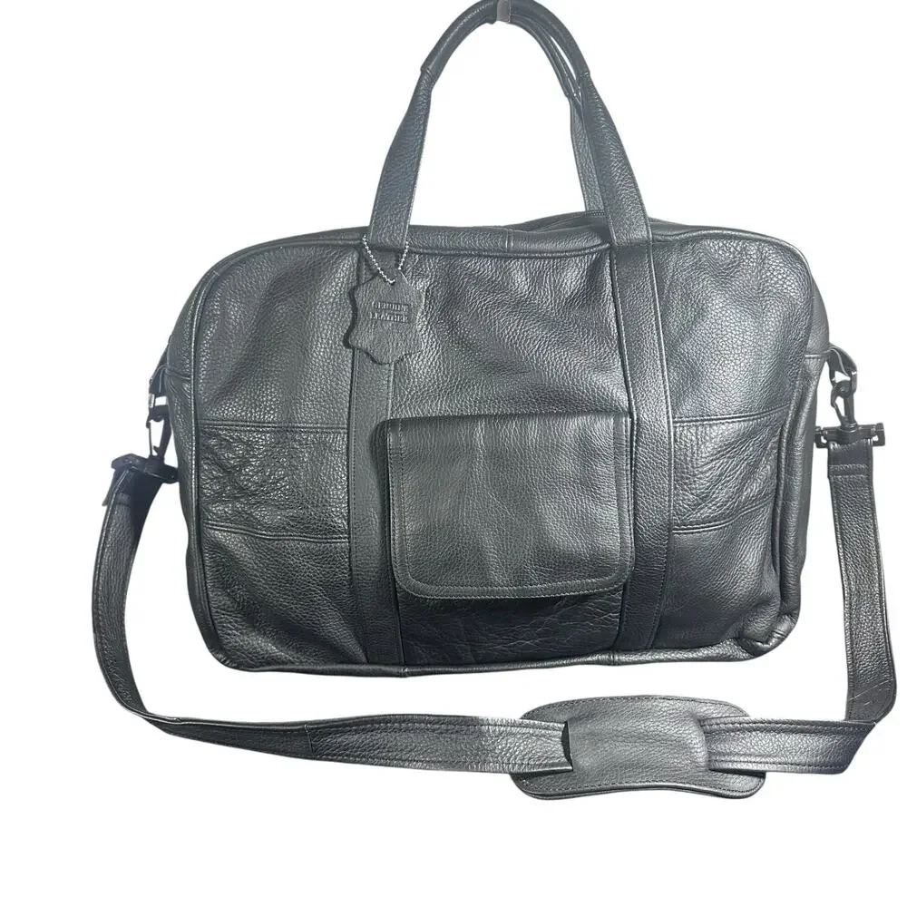 Caroll Black Leather Briefcase Laptop Work Bag with Shoulder Strap